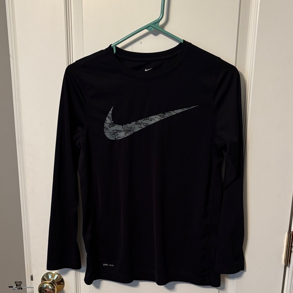 Nike Kids Dri Fit Black Long Sleeve Tee with Silver Swoosh Sz L